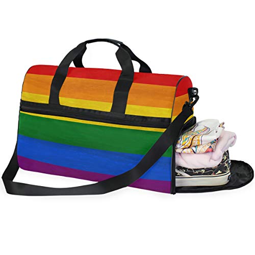QMIN Reisetasche, Regenbogenfarben, bunt, gestreift, groß, Handgepäck, Reisetasche, leicht, Reißverschluss, Rucksack mit Riemen für Damen Herren Mädchen Jungen von QMIN