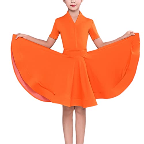 QMIQMI Mädchen Kurzarm Standard Latein Tanzkleid Kinder Gesellschaftstanz Big Swing Rock für Salsa Rumba Cha Cha Samba Tango Top Professionelles Tanzkostüm,Orange,8 Years von QMIQMI