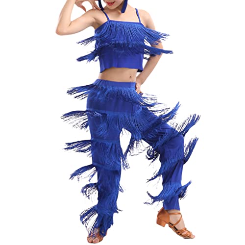QMIQMI Quasten Latin Dance Dancewear Kostüme Mädchen Salsa Samba Ballsaal Fransenkleid Hosen und Top Set Kinder Wettbewerb Performance Tanzkleid Höhe 110–170 cm,Blau,10 Years von QMIQMI