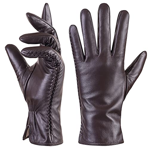 QNLYCZY Echtes Schaffell Leder Handschuhe für Damen, Winter Warm Kaschmir Futter Touchscreen Texting Fahren Motorrad Kleid Handschuhe von QNLYCZY