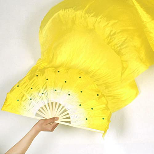 QOTSTEOS Tanzfächer, handgefertigt, langer Bauchtanz-Bambus-Fan für Party, Bühnenauftritt, Frauen-Tanzkostüm, Gelb von QOTSTEOS