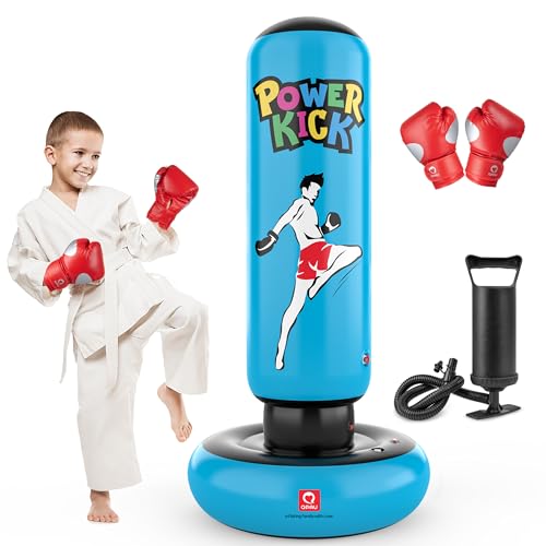 QPAU Boxsack für Kinder, hoher 168 cm, Geschenke für Jungen und Mädchen im Alter von 5–12 Jahren zum Üben von Karate, Taekwondo, MMA und zur Linderung von Pent-Up-Energie bei Kindern (Blau) von QPAU