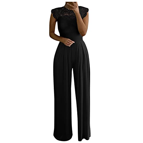 QSSS Jumpsuit Damen Elegante, Spitze Spleißen Festlich Hochzeit Damen Lang Weites Bein Hosen Hohe Taillen Elegant Einteiler Overall Frauen Blumenspitze Business Party Breites Bein Hosenanzug von QSSS