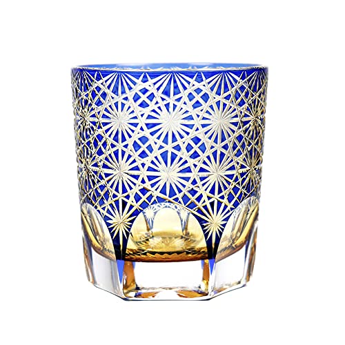 QTANZIQI Bleifreies Kristallglas, japanischer Stil, handgefertigtes Kristallglas, Whiskyglas, Weinglas, Blaue und bernsteinfarbene Blumen, Chrysantheme, 247 ml Silk Pillowcase von QTANZIQI