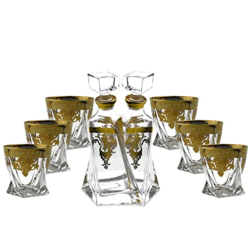 QTANZIQI Luxuriöses Whiskey-Dekanter-Set mit 6 Whiskey-Gläsern – 20,6 Unzen doppelt vergoldeter Whiskey-Dekanter, 10 Oz Kristall-Whisky-Gläser für Likör, Scotch, Bourbon, Wodka, Rum, Geschenke F Silk von QTANZIQI