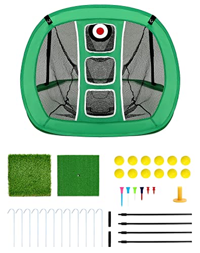 QWORK® Golf Übungsnetz, Golf Chipping Netz, mit 2 Golfmatten und 12 Trainingsbällen und Zubehör für Golf-Tees von QWORK