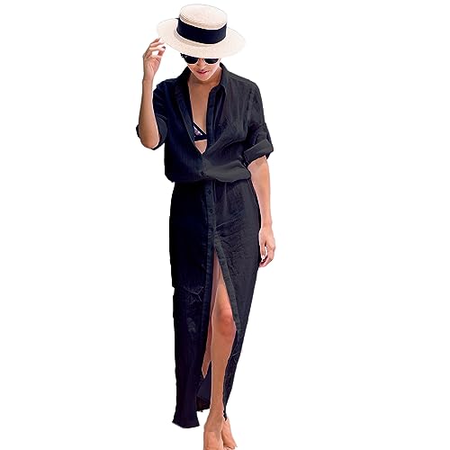 Qaonsciug Damen-Badeanzug, lange aufrollbare Ärmel, Strandbekleidung, Übergröße, mit Gürtel, Hemd, Badeanzug, Oberteil von Qaonsciug