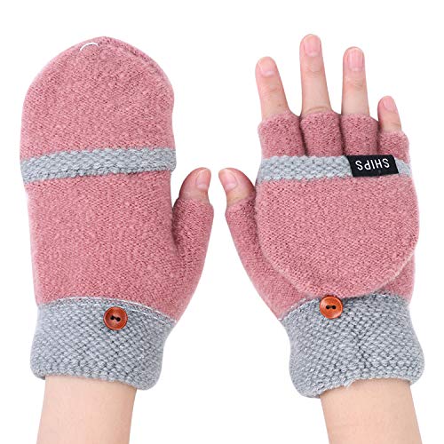 Winter Handschuhe Fingerlose Fäustlinge Damen Mädchen Fingerhandschuhe Fingerlos Halb Handschuhe Strick Handschuhe mit Knopf Klappe Damenhandschuhe Verdickte Winterhandschuhe für Outdoor Sport von Qchomee