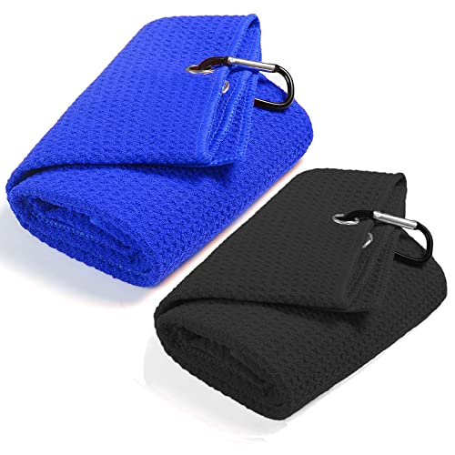 QeeHeng 2 x Golf-Handtuch, lustiges Golf-Handtuch mit Clip für Golftaschen für Herren, dreifach gefaltetes Mikrofaser-Waffelmuster, Golf-Handtuch-Set (schwarz + blau) von QeeHeng