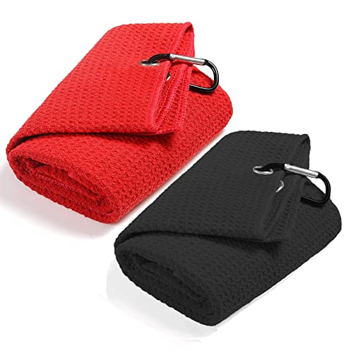 QeeHeng 2 x Mikrofaser-Golf-Handtücher mit Waffelmuster, lustiges Golf-Handtuch mit Clip für Golftaschen für Herren, dreifach gefaltetes Golf-Handtuch-Set (schwarz + rot) von QeeHeng