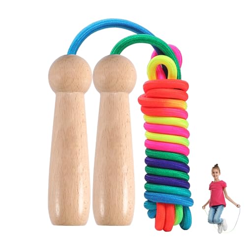 Qetlavee Springseil Kinder, 220CM Verstellbare Seilspringen Kinder mit Holzgriff, Skipping Rope 7 Farben Regenbogen, Springseil für Kinder ab 6 7 8 9 10 Jahre von Qetlavee