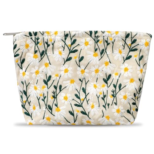 Qianyu Reise Kosmetiktasche Reißverschluss Groß Make-up-Taschen Weiß Kulturbeutel Organizer Gänseblümchenmuster Multifunktions Gesteppte Kulturtasche Damen für Frauen und Mädchen unterwegs Reisen von Qianyu