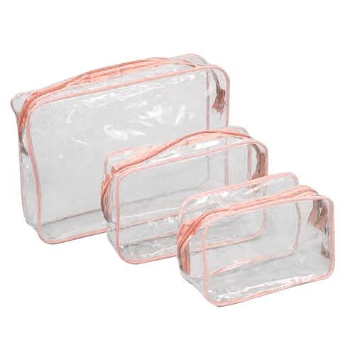 Qinlenyan Kompakte transparente Make-up-Koffer, transparente Aufbewahrungstaschen für Kosmetik, 3 Stück/Set, transparentes Kosmetiktaschen-Set, wasserdicht, tragbar, Make-up-Organizer, Rosa von Qinlenyan