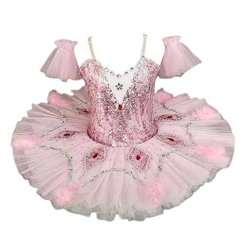 Qodpxxi Kinder Mädchen Rüschen Netzärmel Trikot Ballett Tanz Tutu Kleid, Tanzübung Kostüm Fee Ballerina Tanzbekleidung von Qodpxxi