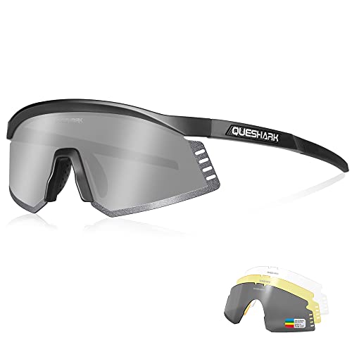 Queshark Fahrradbrille, TR90 Unbreakable Frame Polarisierte Sport sonnenbrille, Sportbrille für Männer Frauen mit 4 Wechselobjektiven, zum Fahren Angeln Glof Baseball Laufen von Queshark