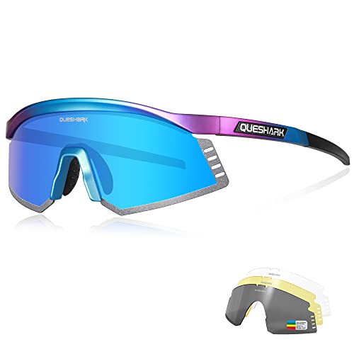 Queshark Fahrradbrille, TR90 Unbreakable Frame Polarisierte Sport sonnenbrille, Sportbrille für Männer Frauen mit 4 Wechselobjektiven, zum Fahren Angeln Glof Baseball Laufen von Queshark