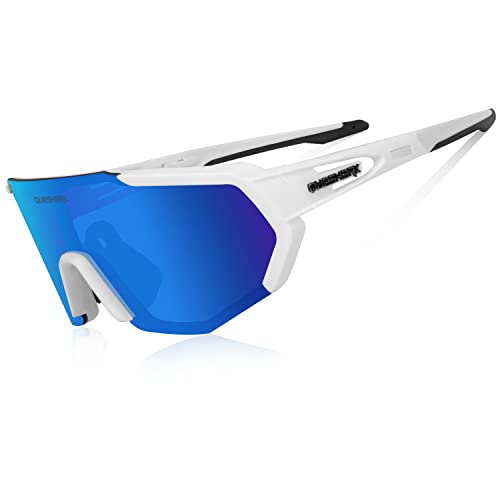 Queshark Polarisierte Sportbrille,Sonnenbrille Fahrradbrille,4 Austauschbare Linse,UV-Schutz Polarisierte Sportsonnenbrille für Baseball Wie Herren Autofahren Laufen Radfahren Angeln