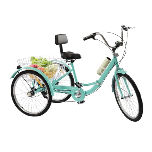 Dreirad für Erwachsene 24 Zoll Klappbar, 3 Räder Adult Fahrrad 7 Gang Mit LED Licht Gemüsekorb，für Männer, Frauen und ältere Menschen (Türkis) von Quiltern