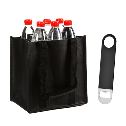 Quiltique 1 x Flaschentasche, tragbare Tragetasche mit 6 Fächern, Vliesstoff, Einkaufstasche, mit Flaschenöffner aus Edelstahl, Schwarz + Silber, Nein von Quiltique
