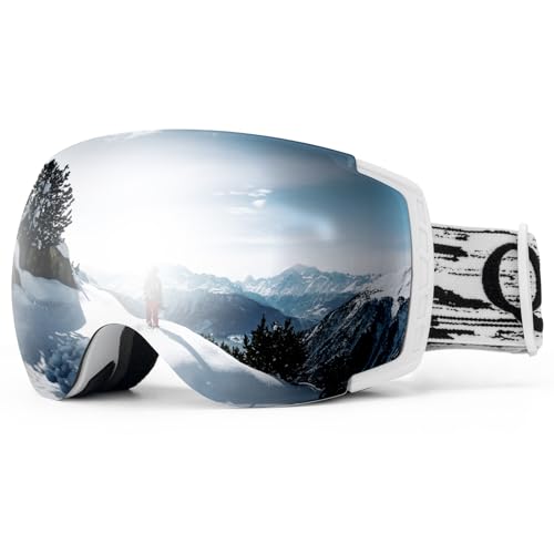Qunature Skibrille Schneebrille UV-Schutz Ski Brille Dual Lens Anti-fog Sphärische Kompatibler Helm Verspiegelte Snowboardbrille für Brillenträger Damen/Herren, Skifahren, Snowboarden Weiß von Qunature