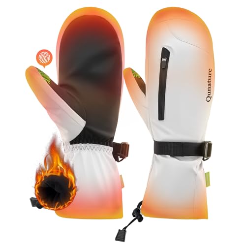 Qunature Skihandschuhe Thermo Winddichte Handschuhe wasserdichte Warme Schneehandschuhe Vollfingerhandschuhe mit Touchscreen für Winter Outdoor-Aktivitäten wie Skifahren Damen/Herren Weiß L von Qunature