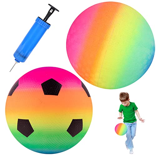 Bouncy Kickball, 2 Stück Kinder Spielball, PVC Regenbogen Ball, Fußball Softball, Strandball, Mehrfarbig Regenbogen Ball mit Pumpe, Strandball Softball,Wasserball Kinderball für Drinnen und Draußen von Qunkun