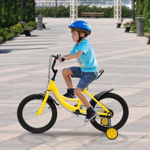 Qussse 16 Kinderfahrrad für Jungen Mädchen Kinder, Fahrrad ab 4-8 Jahre mit Hilfsrad Rad Bike Kinder Fahrräder Höhenverstellbar Kinderfahrräder (Gelb) von Qussse