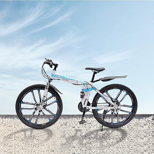 Qussse 26 Zoll Klapprad Fahrrad Mountainbike, Erwachsene Mountainbike mit doppeltem Stoßdämpfungsrahmen Scheibenbremsen Fahrräder MTB Vollgefederte Fahrräde für Damen und Herren (Blau + Weiß) von Qussse