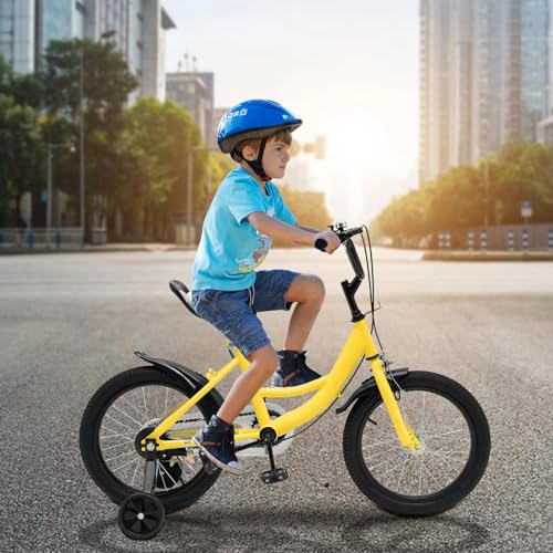 Qussse Kinderfahrrad 16 Zoll Jungen Mädchen Kohlenstoffstahl-Legierung Fahrrad ab 4-8 Jahre Kinder fahrräder Höhenverstellbar Kinderfahrräder mit Stützrädern Hilfsrad Rad (Gelb) von Qussse