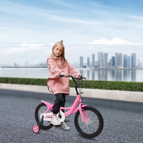 Qussse Kinderfahrrad 16 Zoll Jungen Mädchen Kohlenstoffstahl-Legierung Fahrrad ab 4-8 Jahre Kinder fahrräder Höhenverstellbar Kinderfahrräder mit Stützrädern Hilfsrad Rad (Rosa) von Qussse