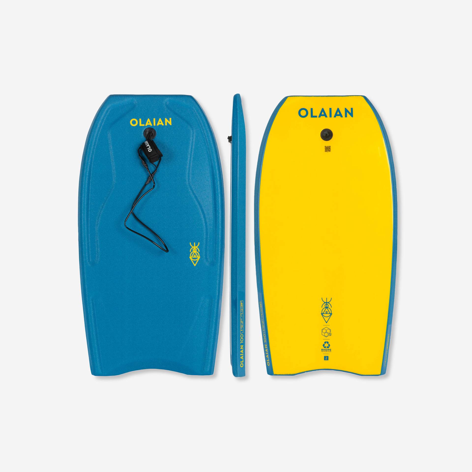 Bodyboard mit Handgelenk-Leash 100 blau/gelb von OLAIAN