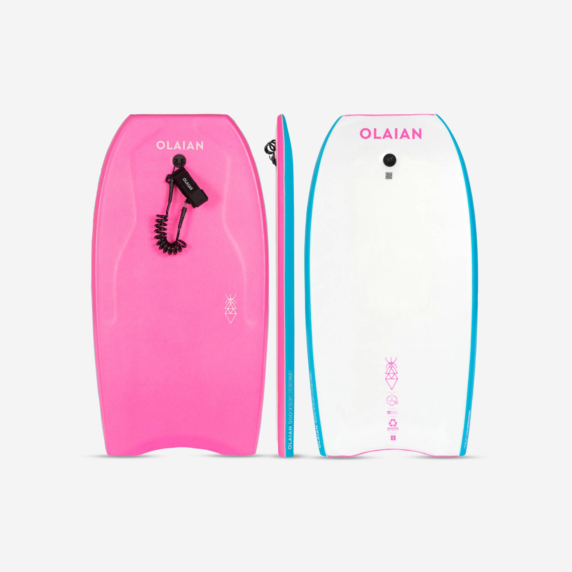 Bodyboard mit Leash - 500 rosa/weiss von OLAIAN
