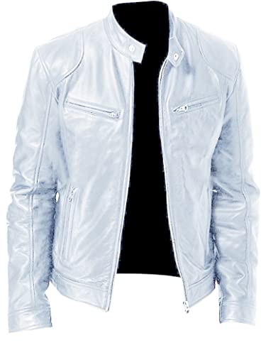 RAINCL Herren Lederjacke Street PU Kleidung Plus Größe Motorrad Reißverschluss Mantel Top,Weiß,XL von RAINCL