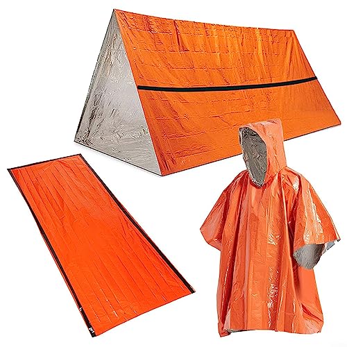 3-in-1 Outdoor-Notfall-Überlebens-Sets, wärmereflektierend, Thermo-Regenmantel, Schlafsack, Zelt-Set für Outdoor-Camping – Orange von RANRAO
