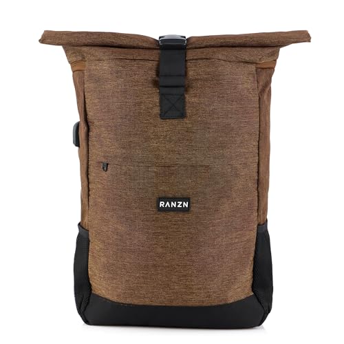 RANZN® – London – Premium Rucksack Herren & Damen, Rolltop Freizeit-Rucksack mit USB-Ladebuchse, Wasserabweisend, Diebstahlsicherung, Wanderrucksack, Backpack mit Laptopfach, Braun von RANZN
