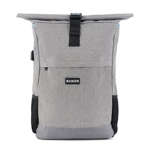 RANZN® – London – Premium Rucksack Herren & Damen, Rolltop Freizeit-Rucksack mit USB-Ladebuchse, Wasserabweisend, Diebstahlsicherung, Wanderrucksack, Backpack mit Laptopfach, Grau von RANZN