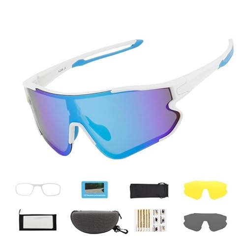 RC-BKKXXEAV Polarisierte Fahrradbrille, UV-geschützte Sport-Sonnenbrille for Herren und Damen, austauschbare Gläser, verstellbare Nasenstütze, Mountainbike(Size:White-blue frame) von RC-BKKXXEAV