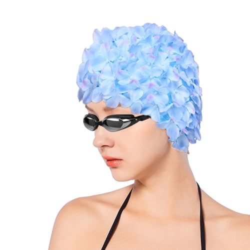 RDWESZOD Badekappe für Damen und Mädchen, Blumenmuster, Retro-Badekappe für langes/kurzes Haar (Blau) von RDWESZOD
