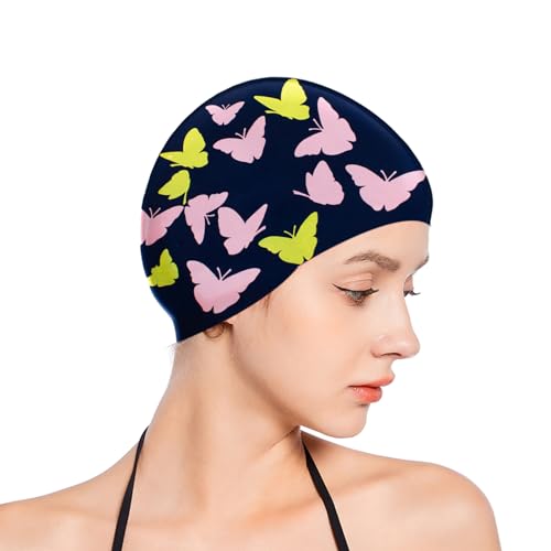RDWESZOD Swim Cap for Women, Waterproof Flower Printed Long Hair Silicone Swimming Caps (Navy Blue) von RDWESZOD