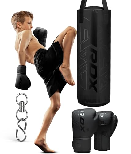 RDX 12 KG Gefüllt Boxsack Kinder mit Boxhandschuhe und Drehwirbel, 60 cm Hängend Box Set Für Boxen Kickboxen MMA Muay Thai Karate, Punchingsäcke für Jungen Mädchen, Maya Hide Leder Kids Punching Bag von RDX