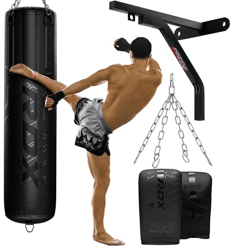 RDX Boxsack Gefüllt 4PC Set, 5ft Erwachsene Anti Schwerkraft Maya Hide Leder Punchingsäcke mit Boxhandschuhe Wandhalterung, Boxen Kampfsport Kickboxen Muay Thai MMA Training Bag, Heim Gym Fitness von RDX