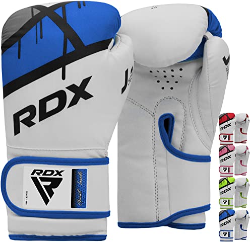 RDX Kinder Boxhandschuhe 6oz Junior Training Pratzen, Maya Hide Leder Belüftete Handfläche, Muay Thai Sparring MMA Kickboxing Kämpfen, Sandsack Speed Ball Boxpratzen Sandsackarbeit (Blau, 6OZ) von RDX