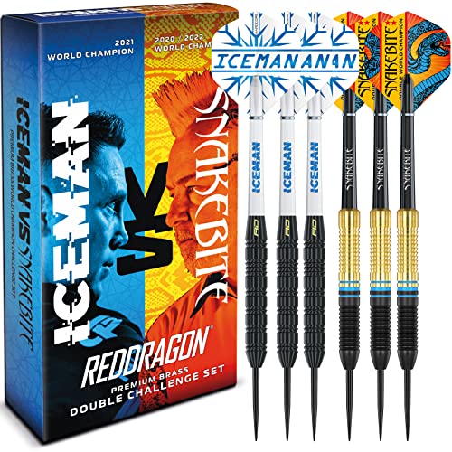 RED DRAGON Peter Wright 'Snakebite' v Gerwyn Price 'Iceman' DWC Steel Tip Dartset aus Messing mit Flights und Schäften von RED DRAGON