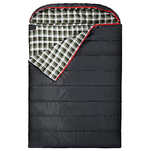 REDCAMP Baumwolle Doppelschlafsack für Erwachsene, 2 Personen kaltes Wetter Queen Size Flanell Schlafsäcke für Camping, Grün Plaid von REDCAMP