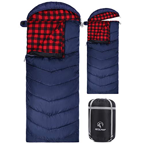 REDCAMP Flanell-Schlafsack für Erwachsene, große, bequeme Baumwoll-Schlafsäcke für Camping mit abnehmbarer Kapuze, rotes Karomuster mit 1,8 kg Füllung (231,1 x 83,8 cm) von REDCAMP