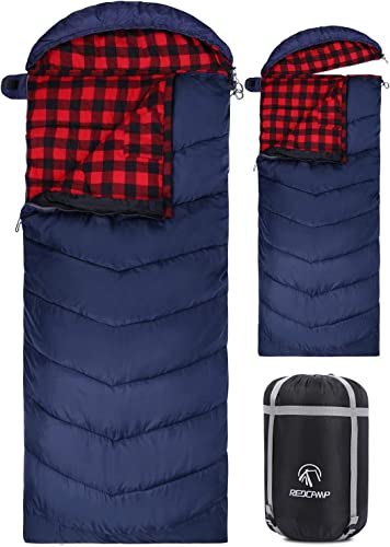 REDCAMP XL Baumwoll Schlafsack warm mit Abnehmbarer Kapuze,Bequeme Flanell Kompakt deckenschlafsack 3-4 Jahreszeit Kaltes Wetter Outdoor Winter für Angeln Camping, Rot mit 3lbs Füllung von REDCAMP