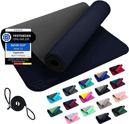 REFIT FITNESS Yoga Matte Perfect-Fit 190 x 60 x 0,6 cm GeckoGrip Sensi-Plus TPE Yogamatte Rutschfest Schadstofffrei Tragegurt Sportmatte Fitnessmatte Gymnastik Sport Pilates Pariserblau Schiefergrau von REFIT FITNESS