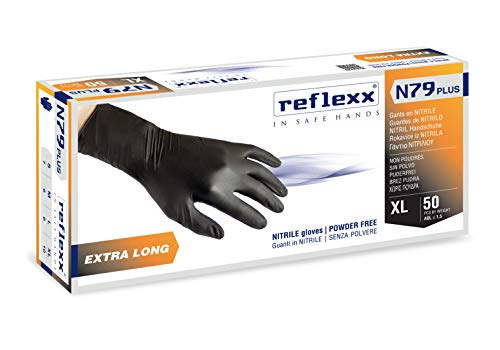 REFLEXX n79p/M Extra Lang, 30 cm, puderfrei Nitril Handschuhe gr7.7, Gr. Medium, Schwarz (50 Stück) von REFLEXX
