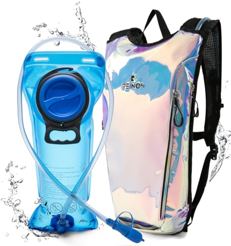 REINOS Trinkrucksack mit 2L Wasserblase Rave Essentials Leichte Tasche zum Wandern, Laufweste, Musikfestival für Männer Frauen (Holo Blue) von REINOS