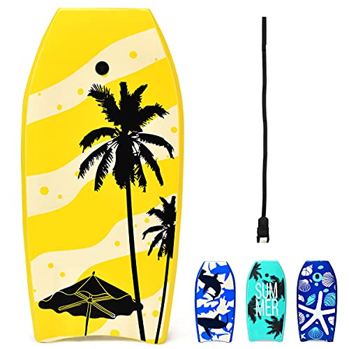 RELAX4LIFE Schwimmbrett tragbar, Schwimmboard mit Halteleine, Rutschfestes Surfbrett für Kinder & Erwachsene, Surfboard bis 85 kg belastbar, Bodyboard Shortboard, 104 x 52 x 6cm, XPE HDPE (Gelb) von RELAX4LIFE